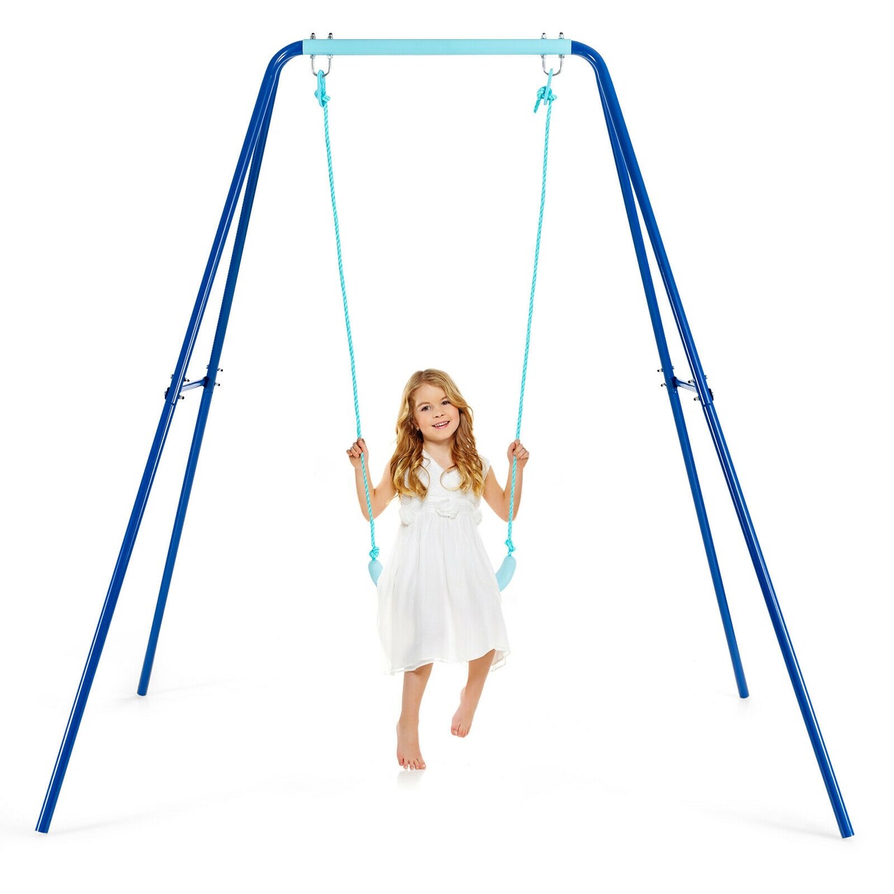 Outdoor Kids Swing Set with Heavy Duty Metal A-Frame and Ground Stakes